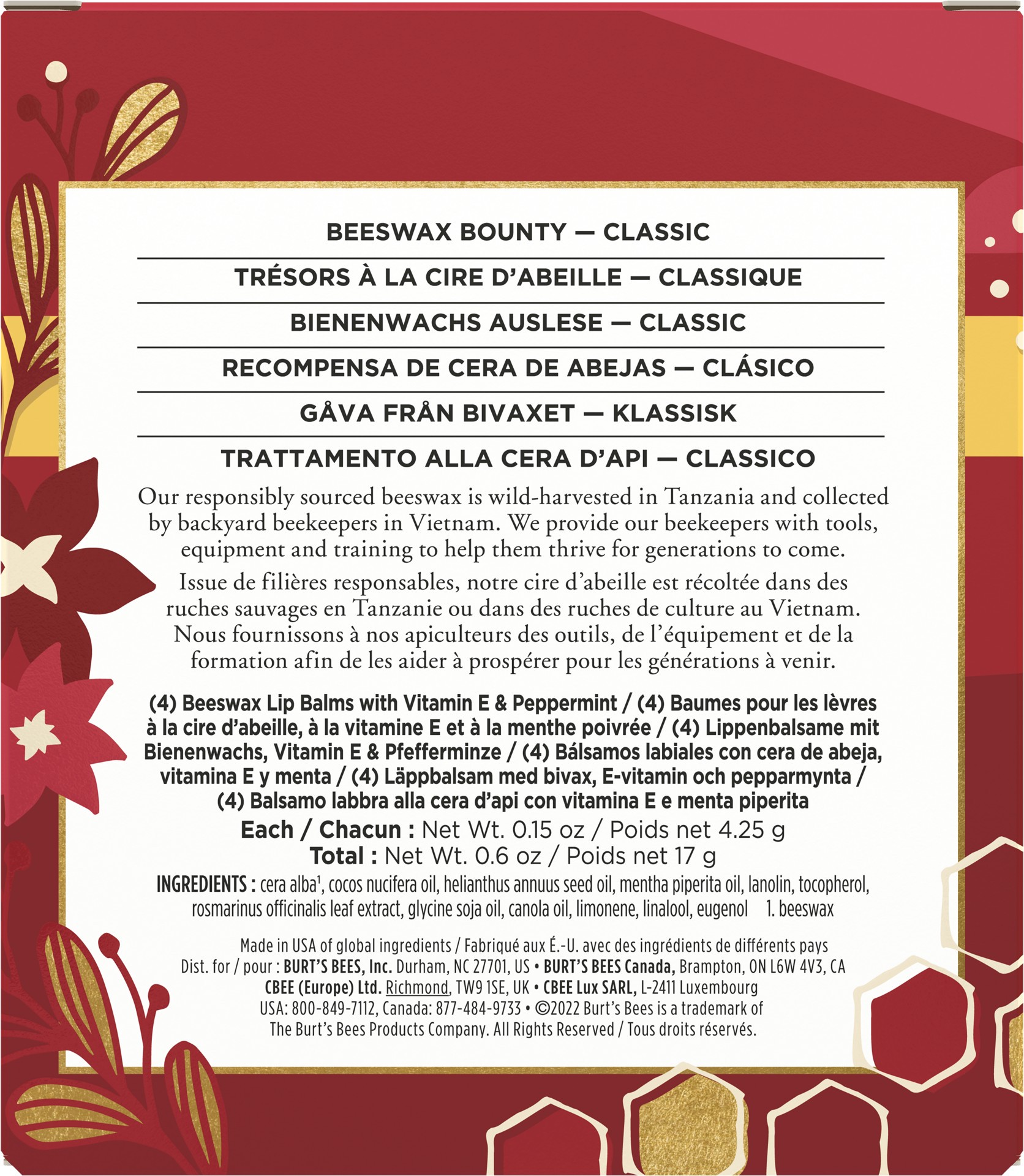 slide 3 of 5, Burt's Bees Beeswax Bounty Classic Lip Balm Gift Set, Natural Origin Lip Care, 4 Tubes, 0.15 oz., 0.60 oz