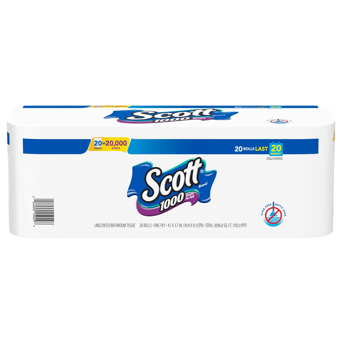 slide 1 of 5, Scott 1000 Toilet Paper, 20 Regular Rolls, Septic-Safe, 1-Ply Toilet Tissue, 2096 sq ft