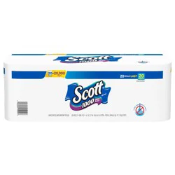 Scott 1000 Toilet Paper, 20 Regular Rolls, Septic-Safe, 1-Ply Toilet Tissue