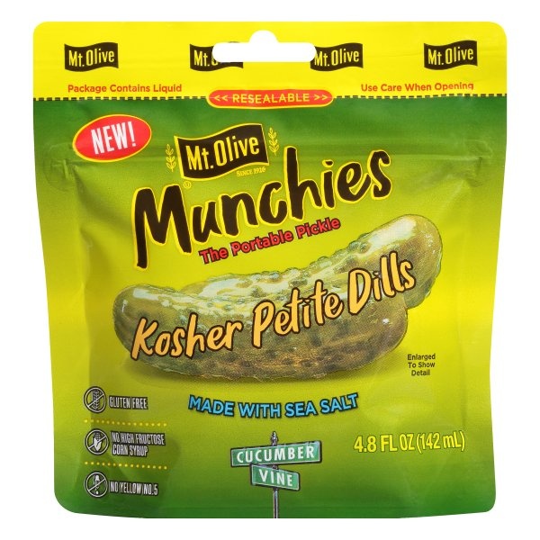 slide 1 of 3, Mt. Olive Munchies Kosher Petite Dills 4.8 fl. oz. Pouch, 4.80 fl oz