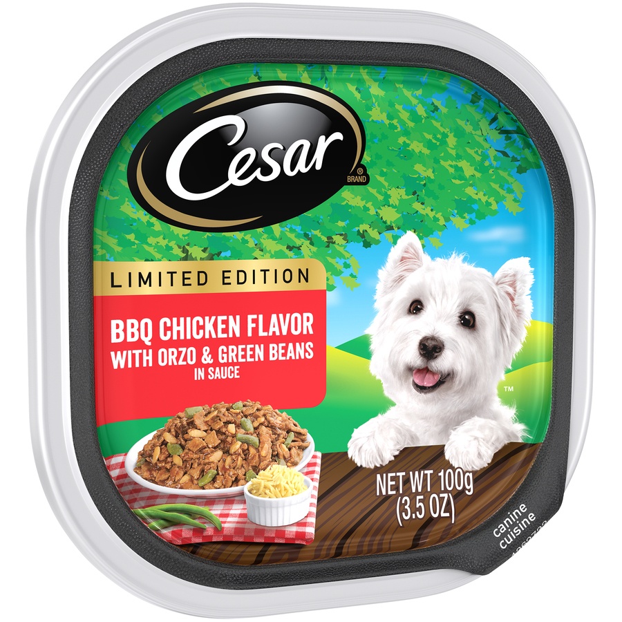 slide 5 of 9, Cesar Canine Cuisine BBQ Chicken Flavor With Orzo & Green Beans In Sauce, 3.5 oz