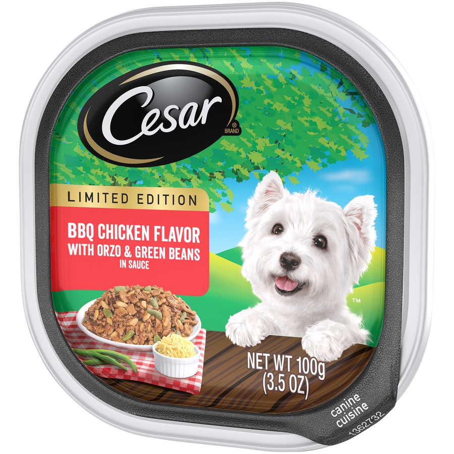 slide 6 of 9, Cesar Canine Cuisine BBQ Chicken Flavor With Orzo & Green Beans In Sauce, 3.5 oz