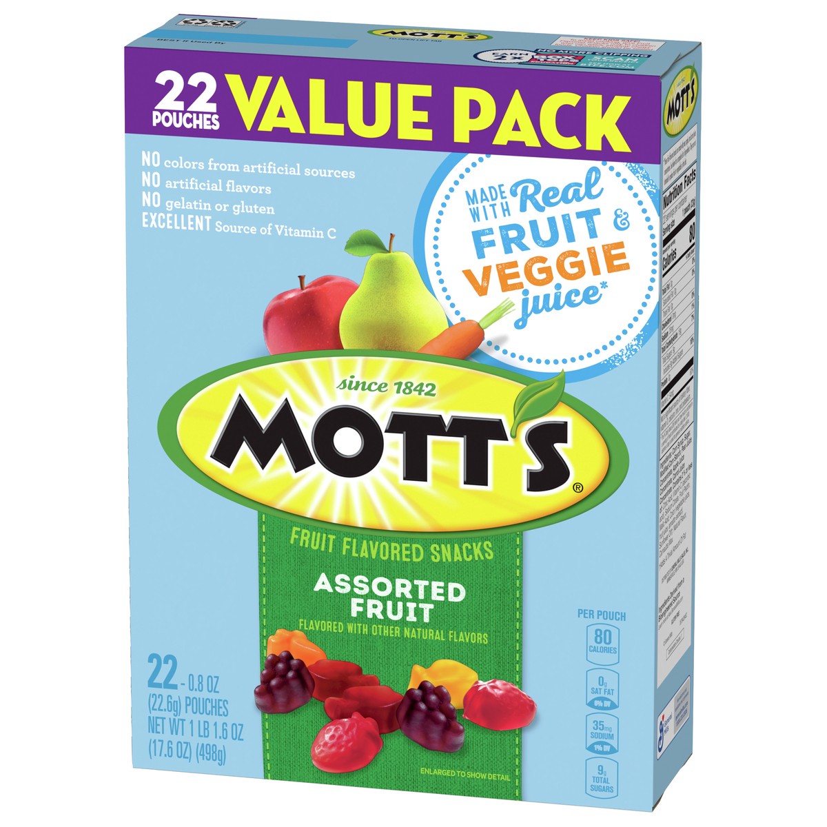 slide 9 of 9, Mott's Fruit Flavored Snacks, Assorted Fruit, Gluten Free Snack, Value Pack, 22 Pouches, 17.6 oz, 22 ct