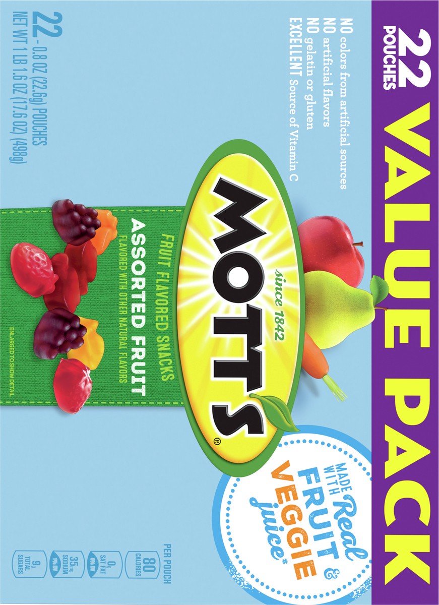 slide 2 of 9, Mott's Fruit Flavored Snacks, Assorted Fruit, Gluten Free Snack, Value Pack, 22 Pouches, 17.6 oz, 22 ct