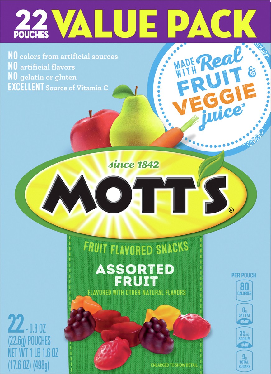 slide 4 of 9, Mott's Fruit Flavored Snacks, Assorted Fruit, Gluten Free Snack, Value Pack, 22 Pouches, 17.6 oz, 22 ct