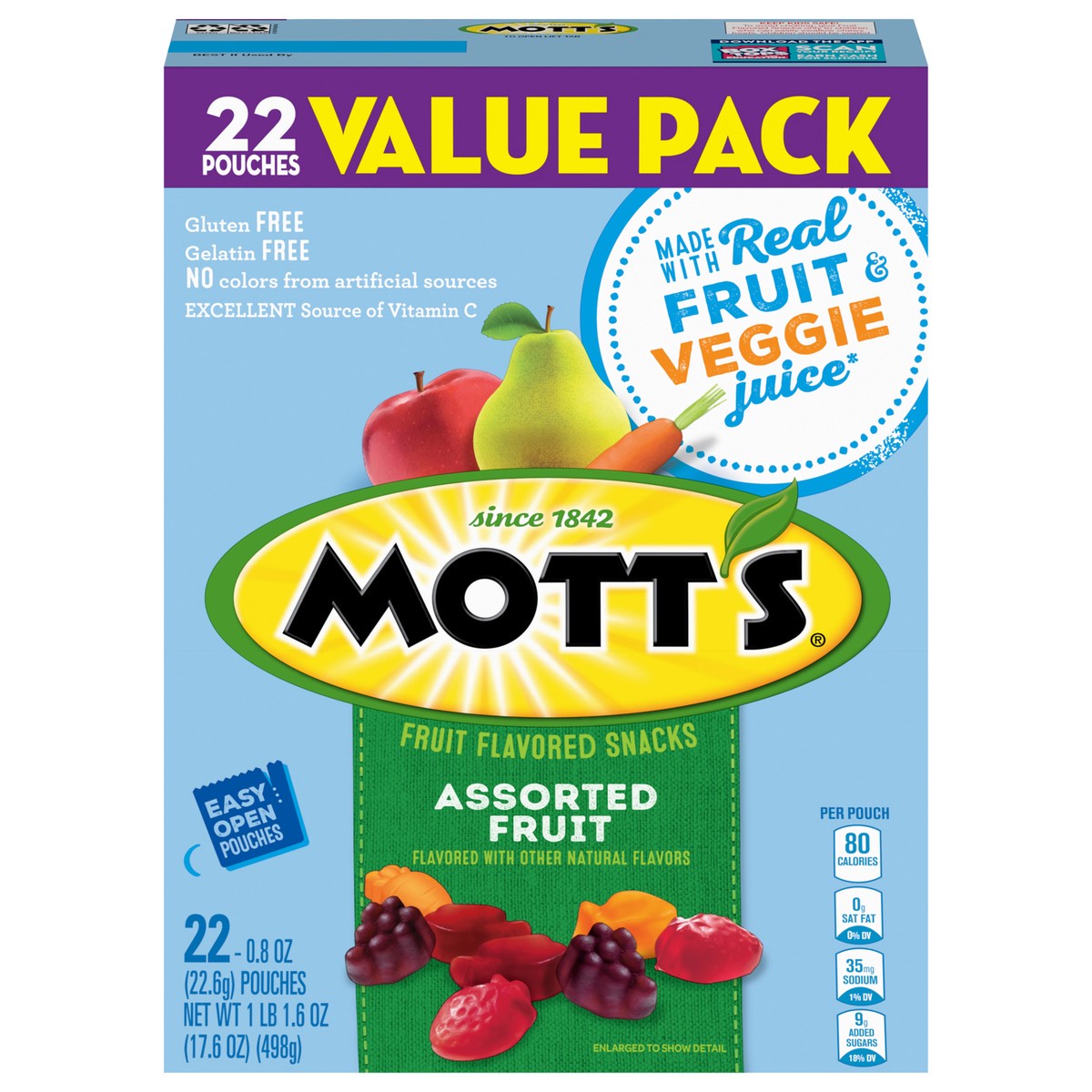 slide 1 of 9, Mott's Fruit Flavored Snacks, Assorted Fruit, Gluten Free Snack, Value Pack, 22 Pouches, 17.6 oz, 22 ct