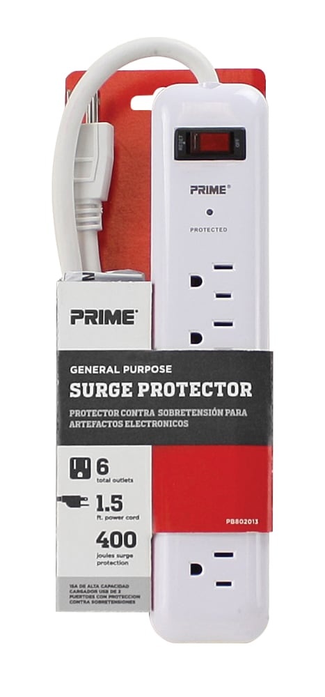 slide 1 of 2, Prime Wire & Cable 6-Outlet Surge Protector - 400 Joule - 1.5 Foot - White, 1 ct