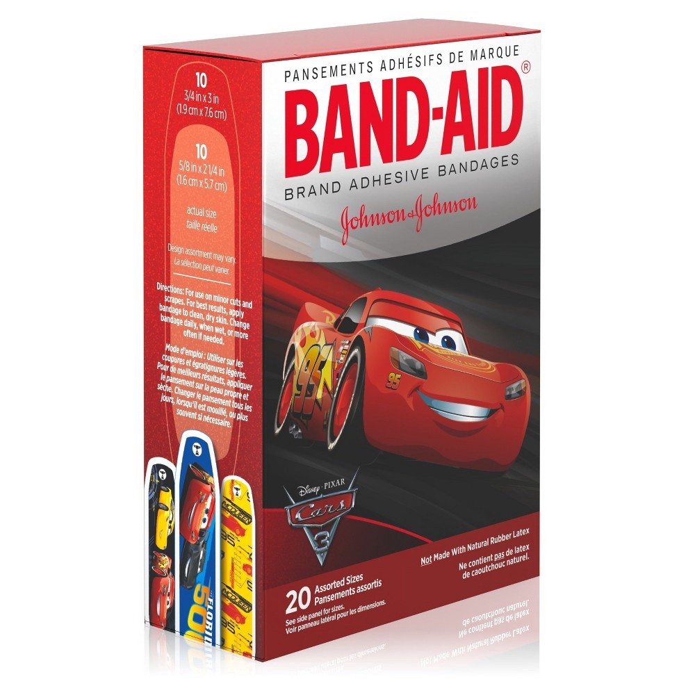 slide 4 of 9, BAND-AID Adhesive Bandages for Minor Cuts and Scrapes, Featuring Disney/Pixar Cars 3 Characters for Kids, Assorted Sizes 20 ct, 20 ct