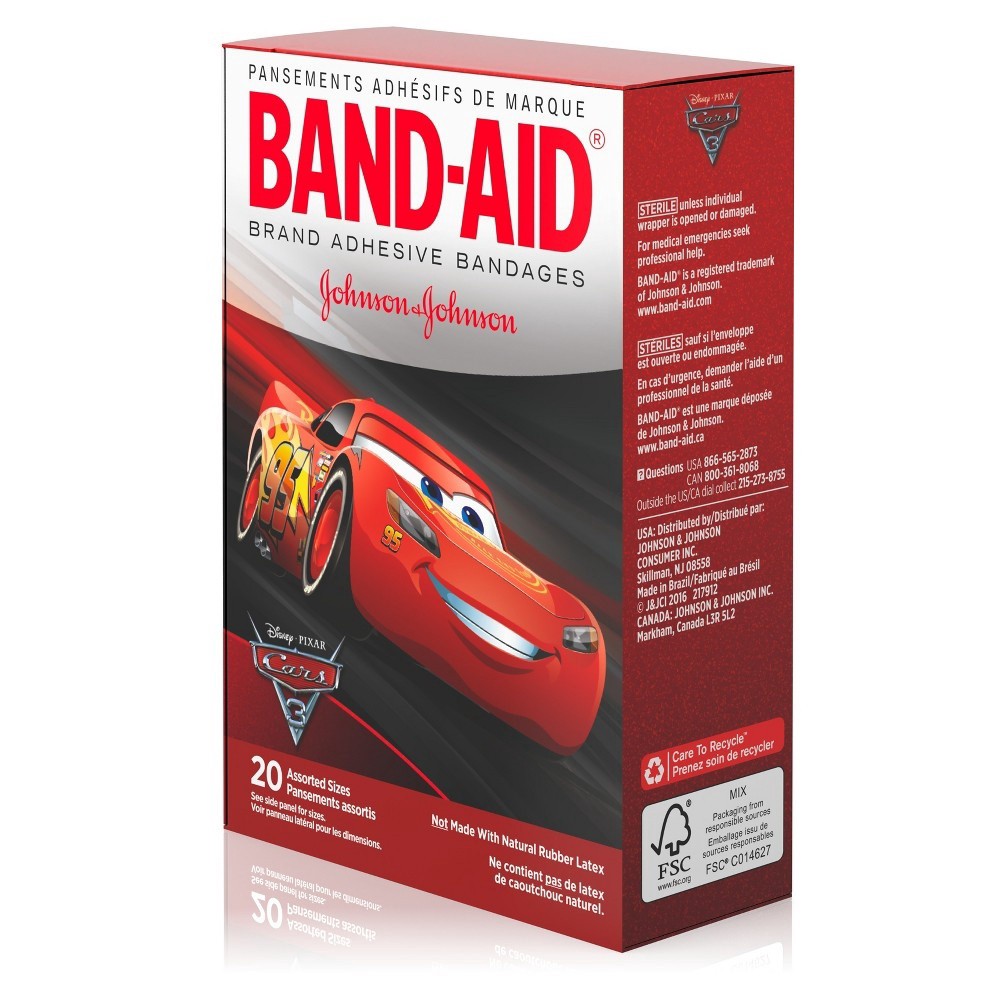 slide 9 of 9, BAND-AID Adhesive Bandages for Minor Cuts and Scrapes, Featuring Disney/Pixar Cars 3 Characters for Kids, Assorted Sizes 20 ct, 20 ct