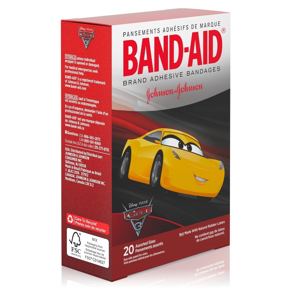 slide 3 of 9, BAND-AID Adhesive Bandages for Minor Cuts and Scrapes, Featuring Disney/Pixar Cars 3 Characters for Kids, Assorted Sizes 20 ct, 20 ct