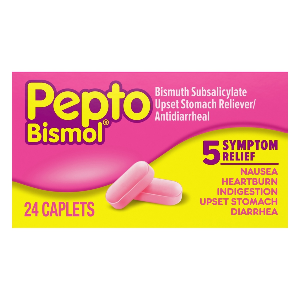 slide 1 of 1, Pepto-Bismol Caplets Upset Stomach Reliever/Antidiarrheal 24 ea, 24 ct