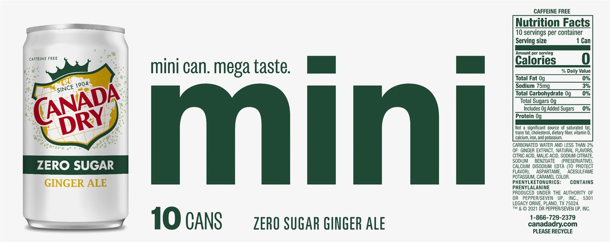slide 7 of 9, Canada Dry Zero Sugar Ginger Ale Mini, 10 ct; 7.5 oz