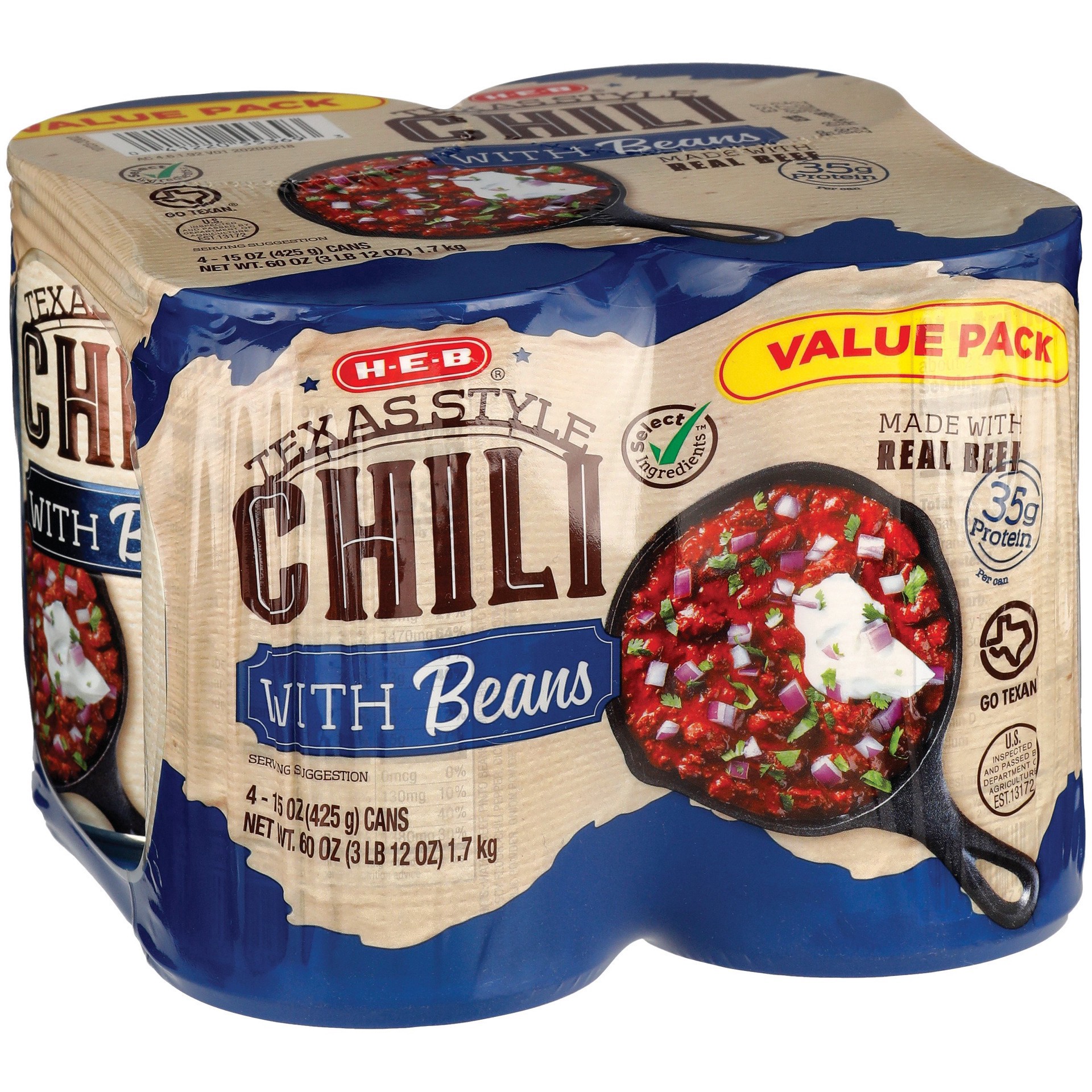 slide 1 of 1, H-E-B Texas Style Chili with Beans, 4 ct