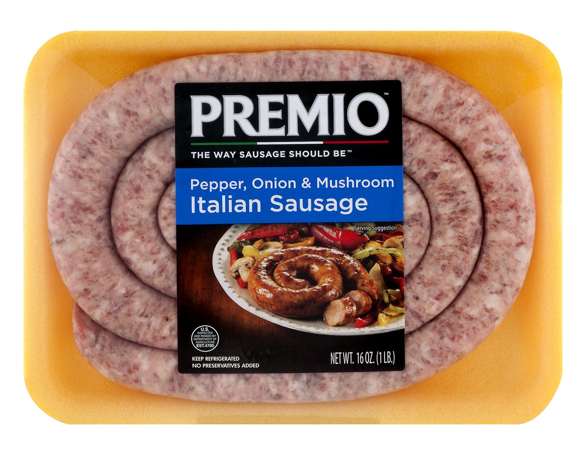 slide 1 of 1, Premio Pepper/Onion/Mushroom Italian Sausage, 16 oz