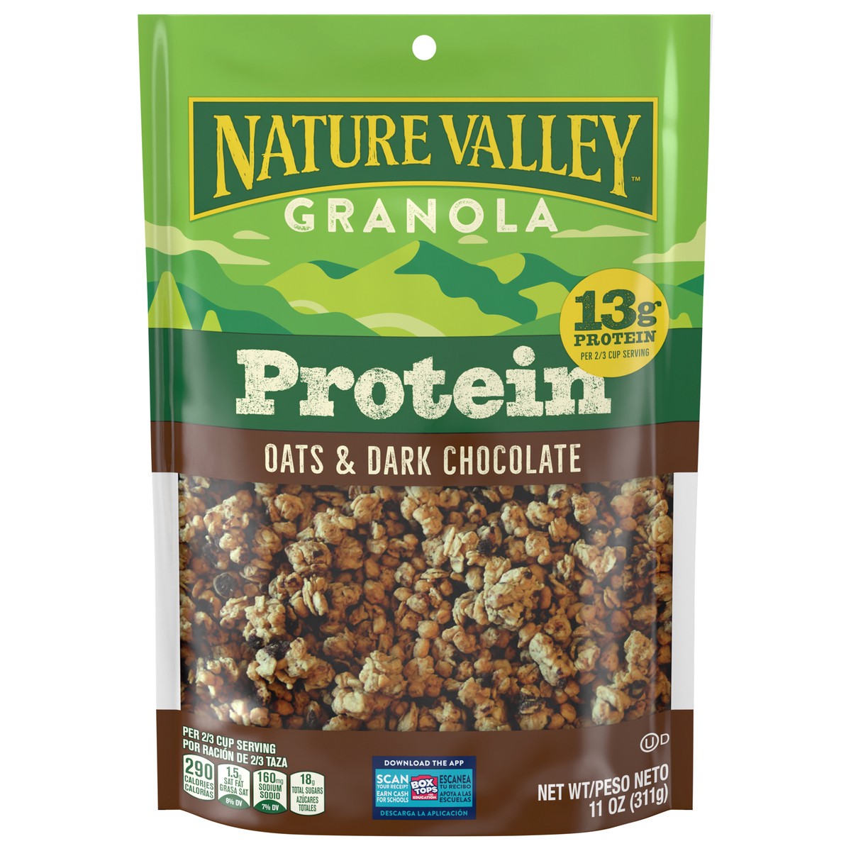 slide 1 of 9, Nature Valley Protein Granola, Oats and Dark Chocolate, Resealable Bag, 11 OZ , 11 oz