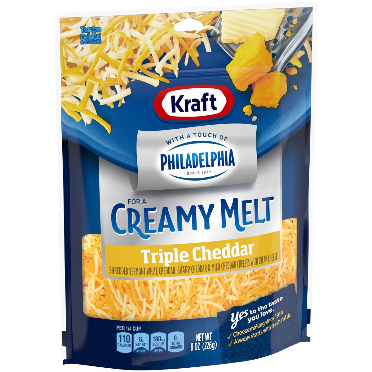 slide 9 of 13, Kraft Triple Cheddar Shredded Cheese with a Touch of Philadelphia for a Creamy Melt, 8 oz Bag, 8 oz