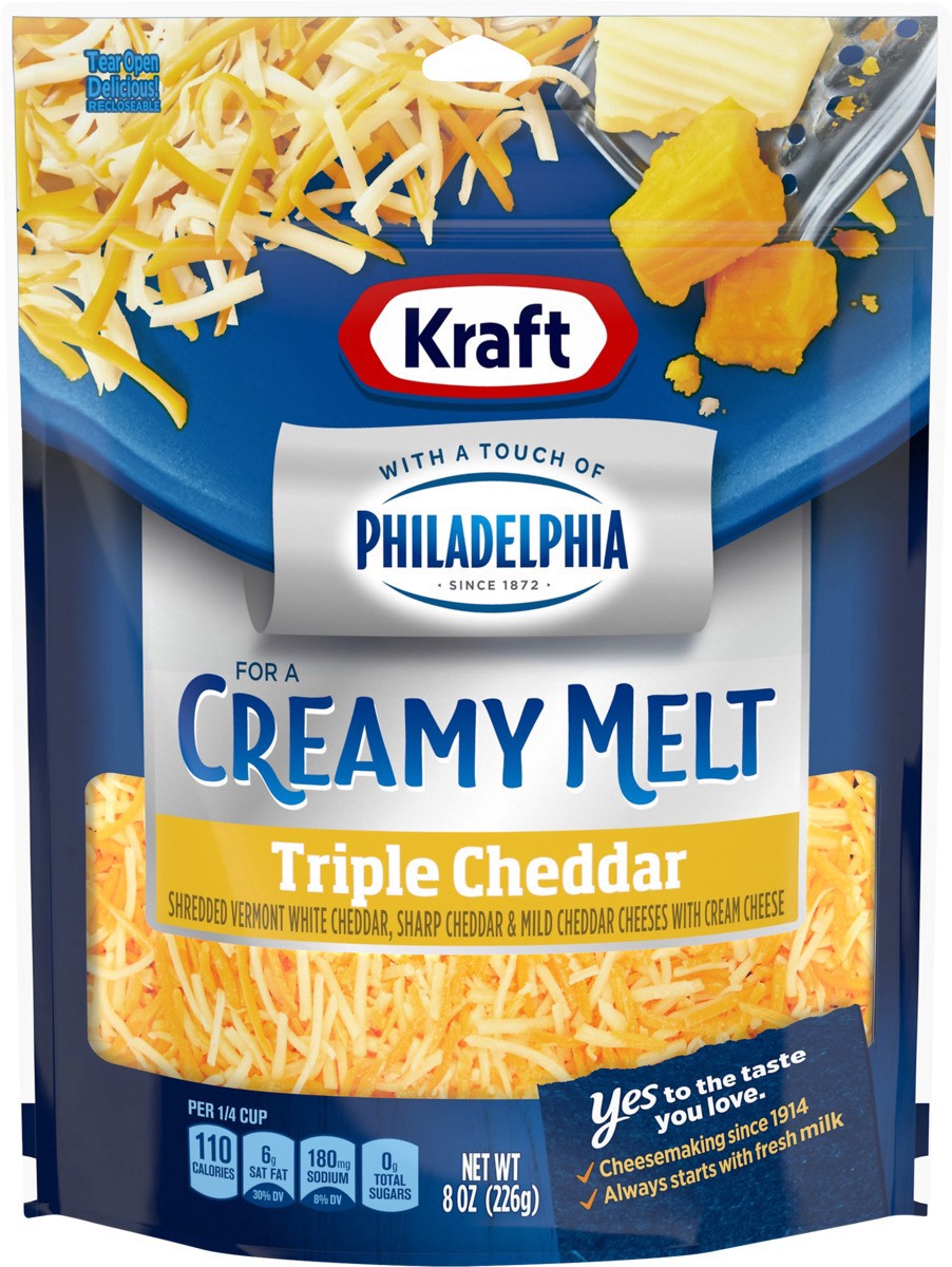 slide 11 of 13, Kraft Triple Cheddar Shredded Cheese with a Touch of Philadelphia for a Creamy Melt, 8 oz Bag, 8 oz