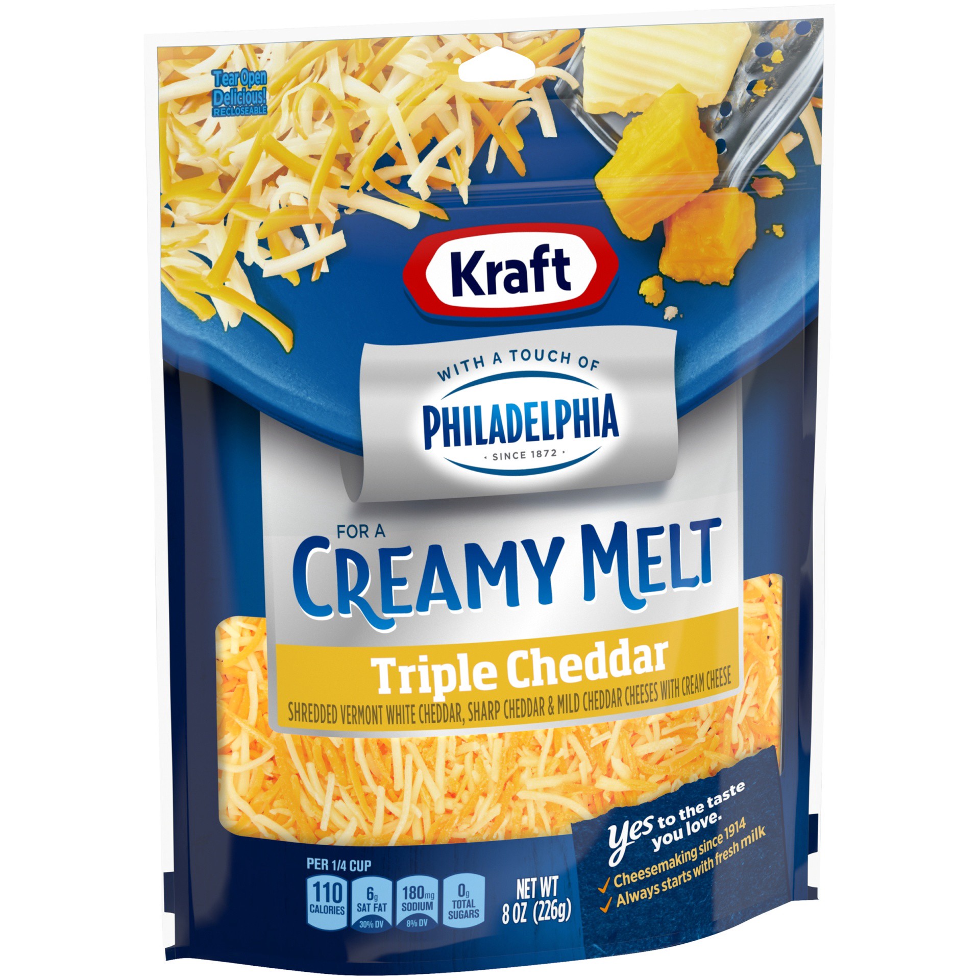 slide 2 of 13, Kraft Triple Cheddar Shredded Cheese with a Touch of Philadelphia for a Creamy Melt, 8 oz Bag, 8 oz