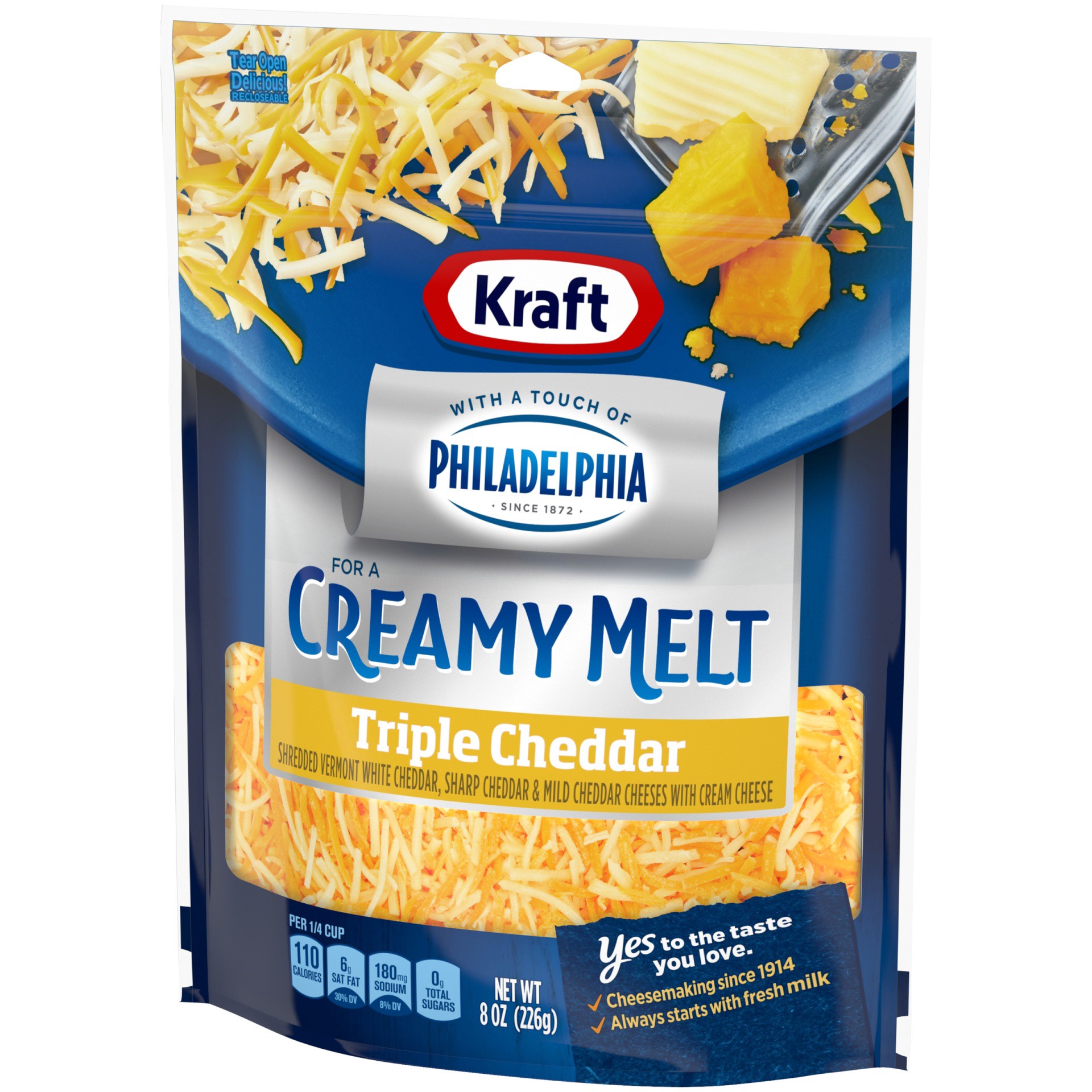 slide 7 of 13, Kraft Triple Cheddar Shredded Cheese with a Touch of Philadelphia for a Creamy Melt, 8 oz Bag, 8 oz