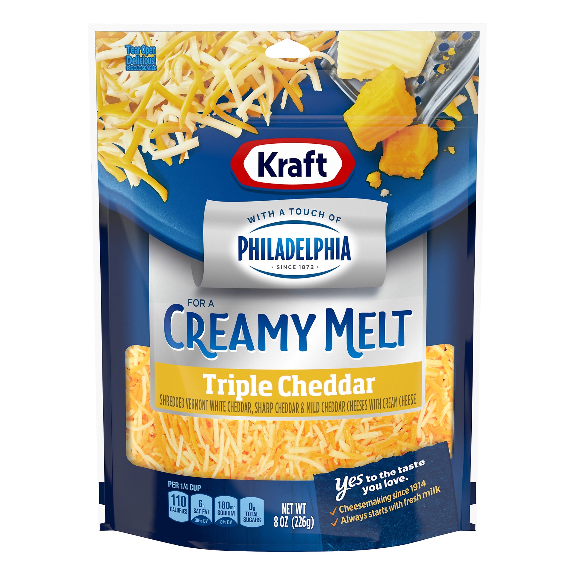 slide 1 of 13, Kraft Triple Cheddar Shredded Cheese with a Touch of Philadelphia for a Creamy Melt, 8 oz Bag, 8 oz