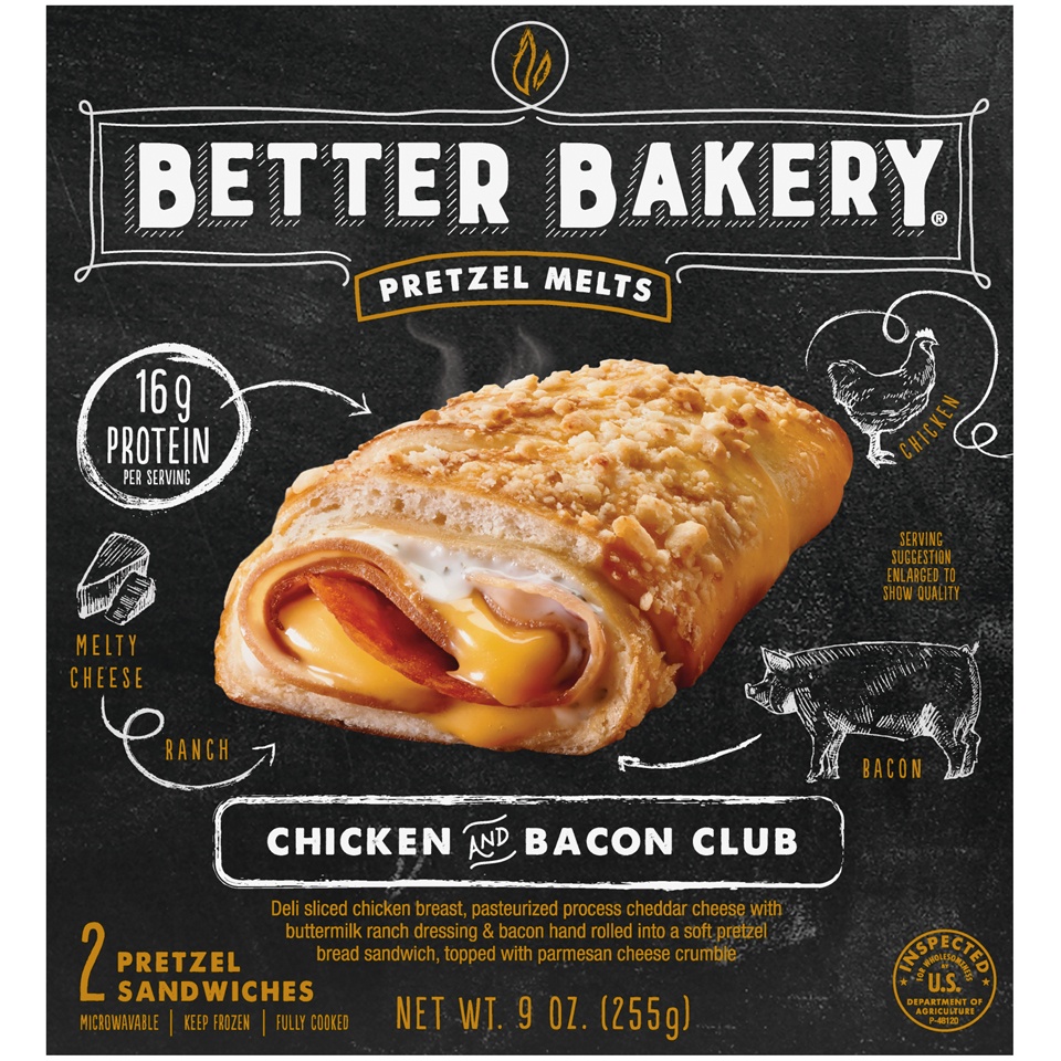 slide 2 of 7, Better Bakery Pretzel Melts Chicken and Bacon Club, 9 oz