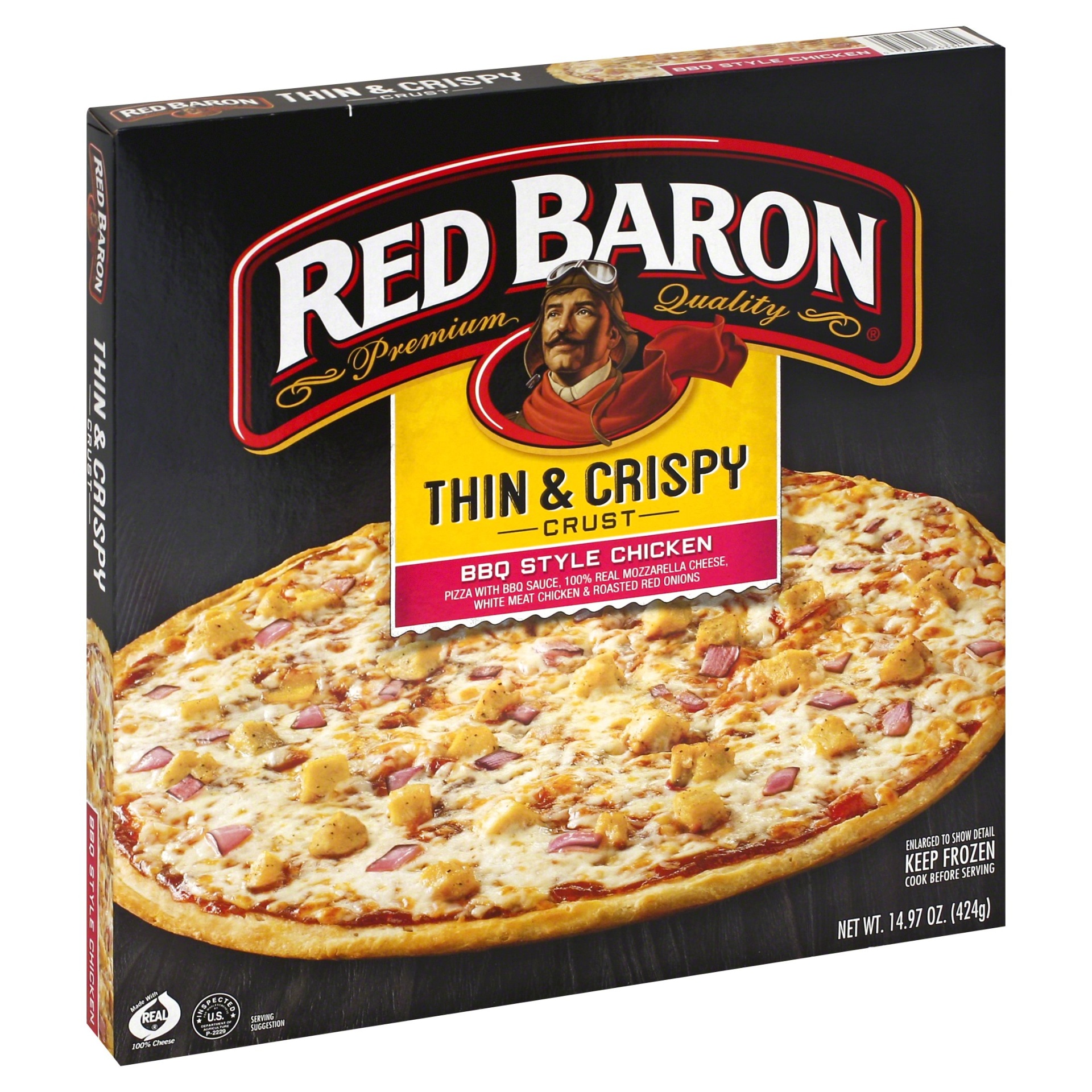 slide 1 of 9, Red Baron Thin & Crispy BBQ Style Chicken Pizza, 14.97 oz