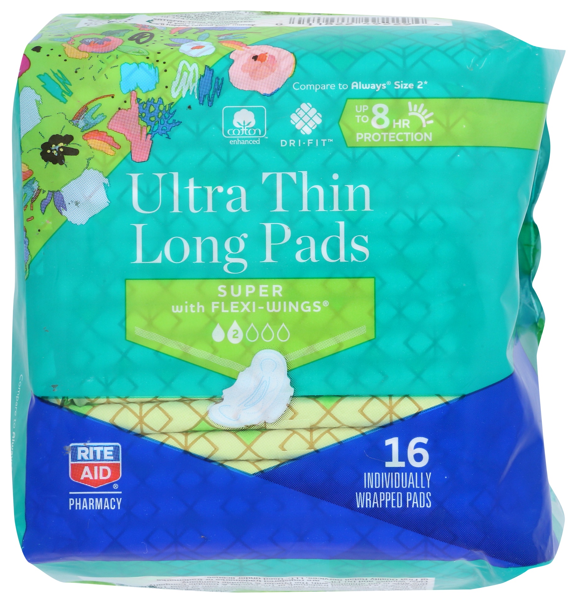 slide 1 of 1, Rite Aid Ultra Thin Long Pads, Super, Flexi-Wings, 16 ct
