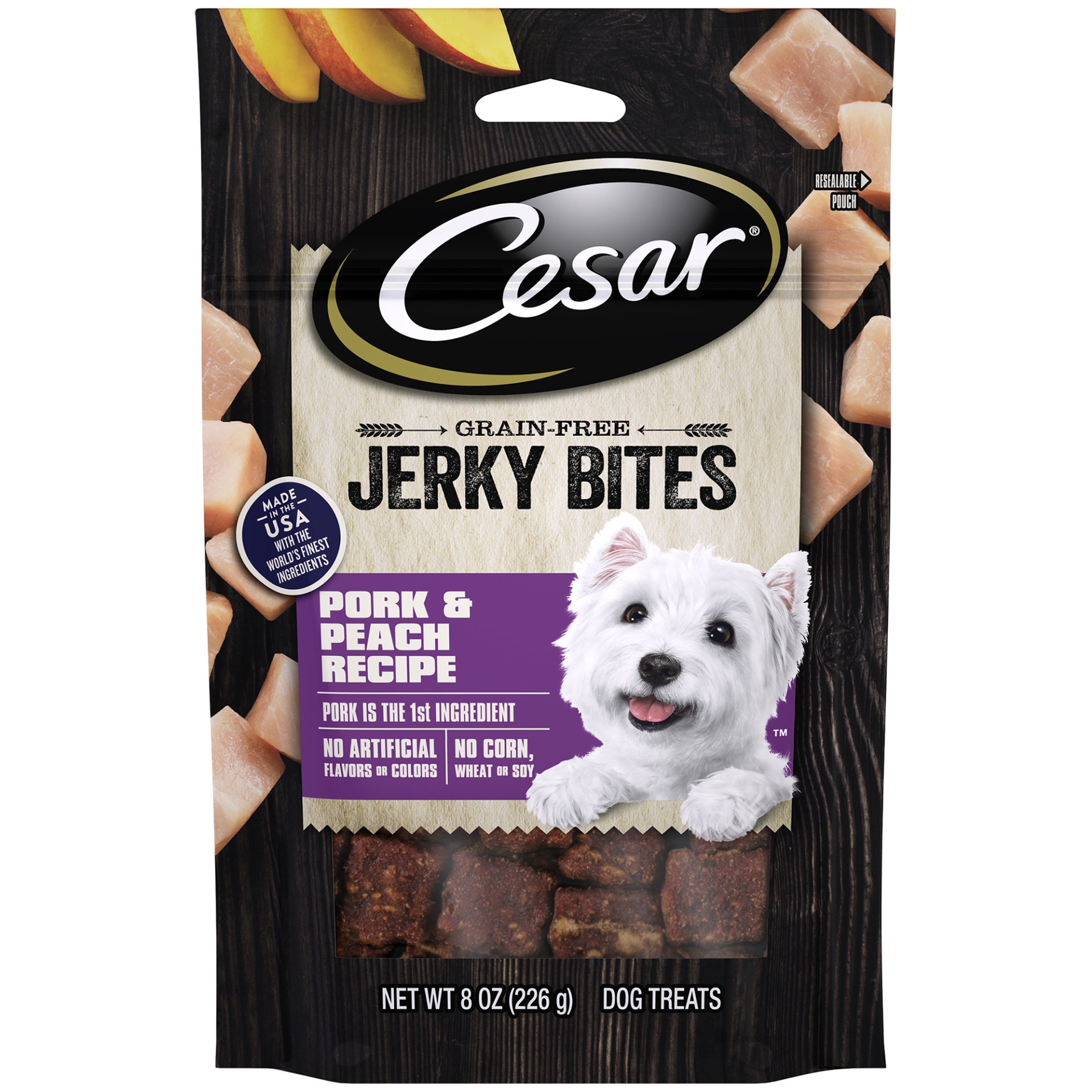 slide 1 of 1, CESAR JERKY BITES Grain Free Chewy Small Dog Treats Pork & Peach Recipe, 8 Oz