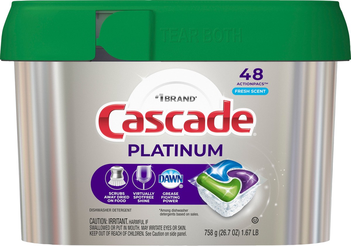 slide 2 of 8, Cascade Platinum Actionpacs Dishwasher Detergent Pods Fresh Scent, 48 ct