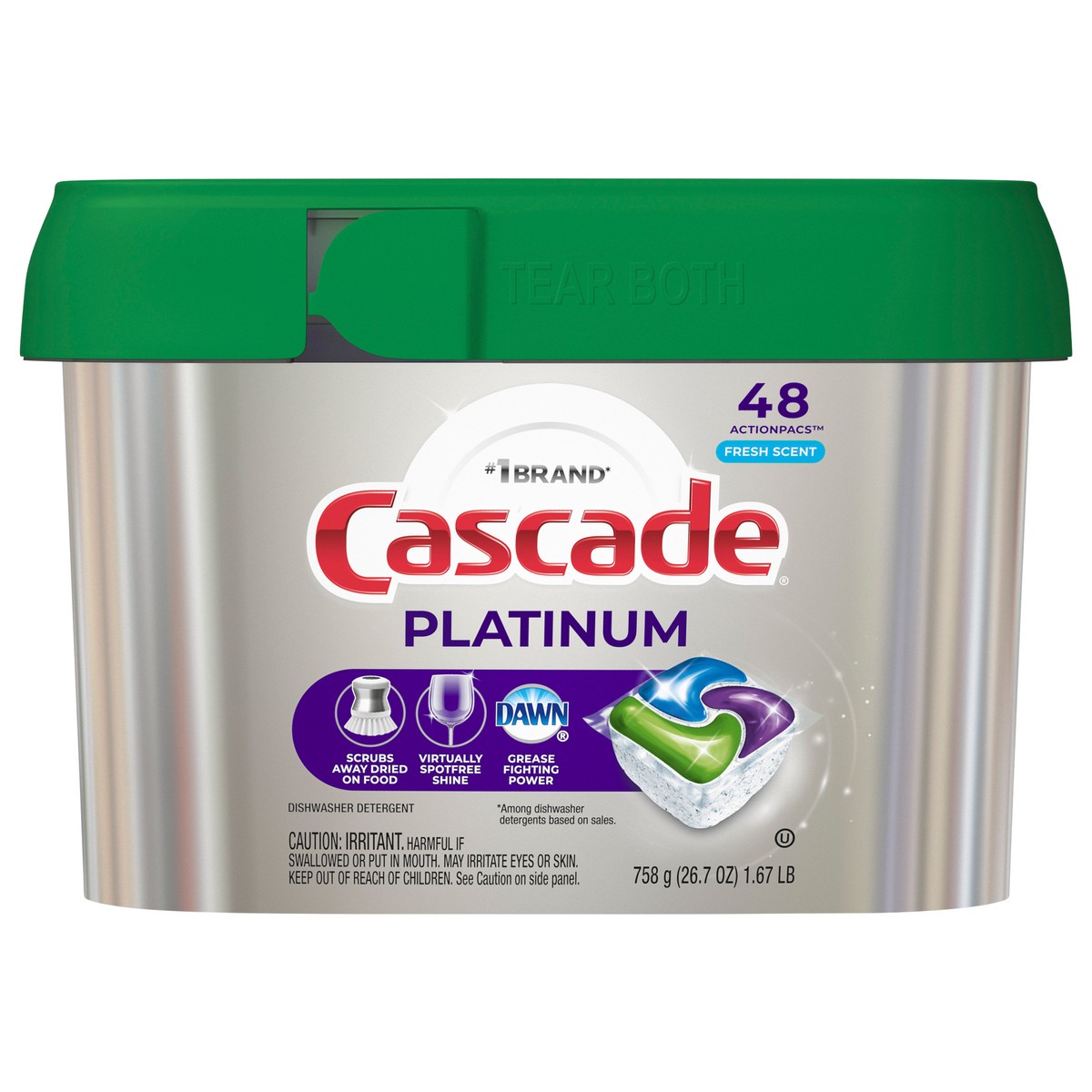 slide 1 of 8, Cascade Platinum Actionpacs Dishwasher Detergent Pods Fresh Scent, 48 ct