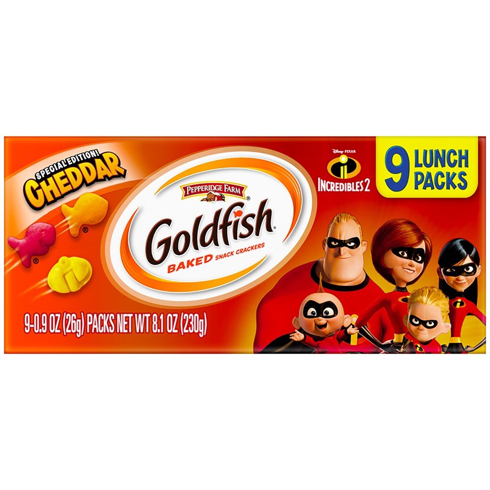 slide 3 of 7, Goldfish Cheddar Special Edition Incredibles 2 Baked Snack Crackers, 9 ct; 0.9 oz