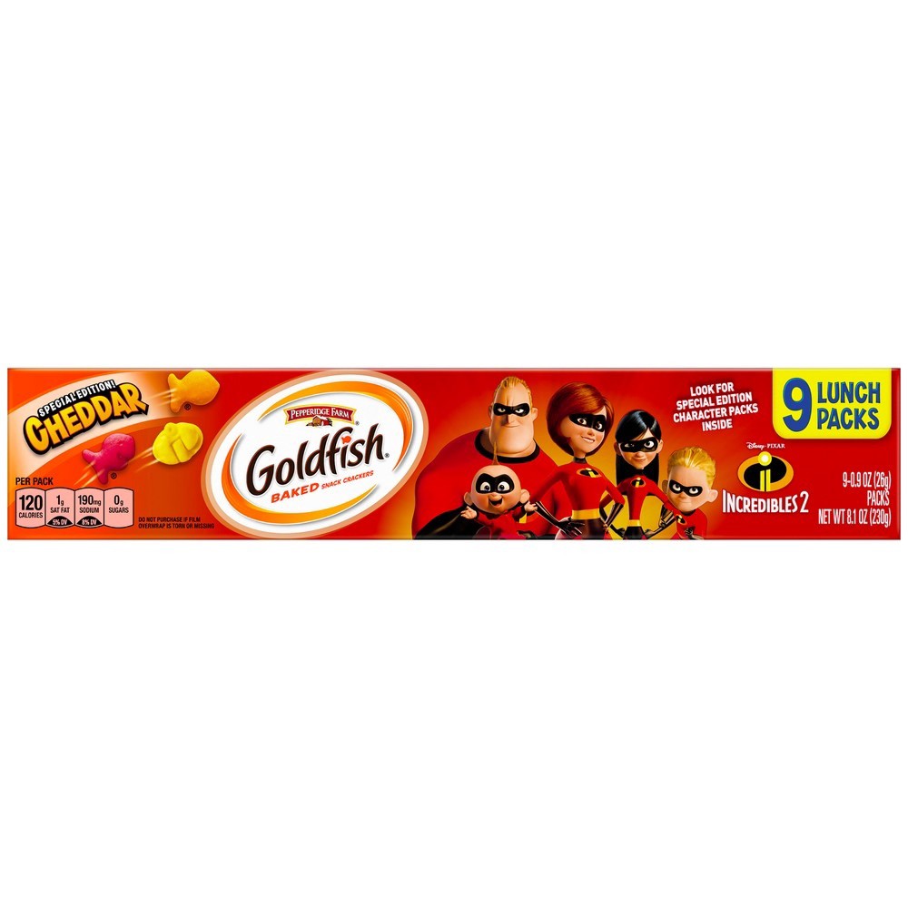 slide 4 of 7, Goldfish Cheddar Special Edition Incredibles 2 Baked Snack Crackers, 9 ct; 0.9 oz