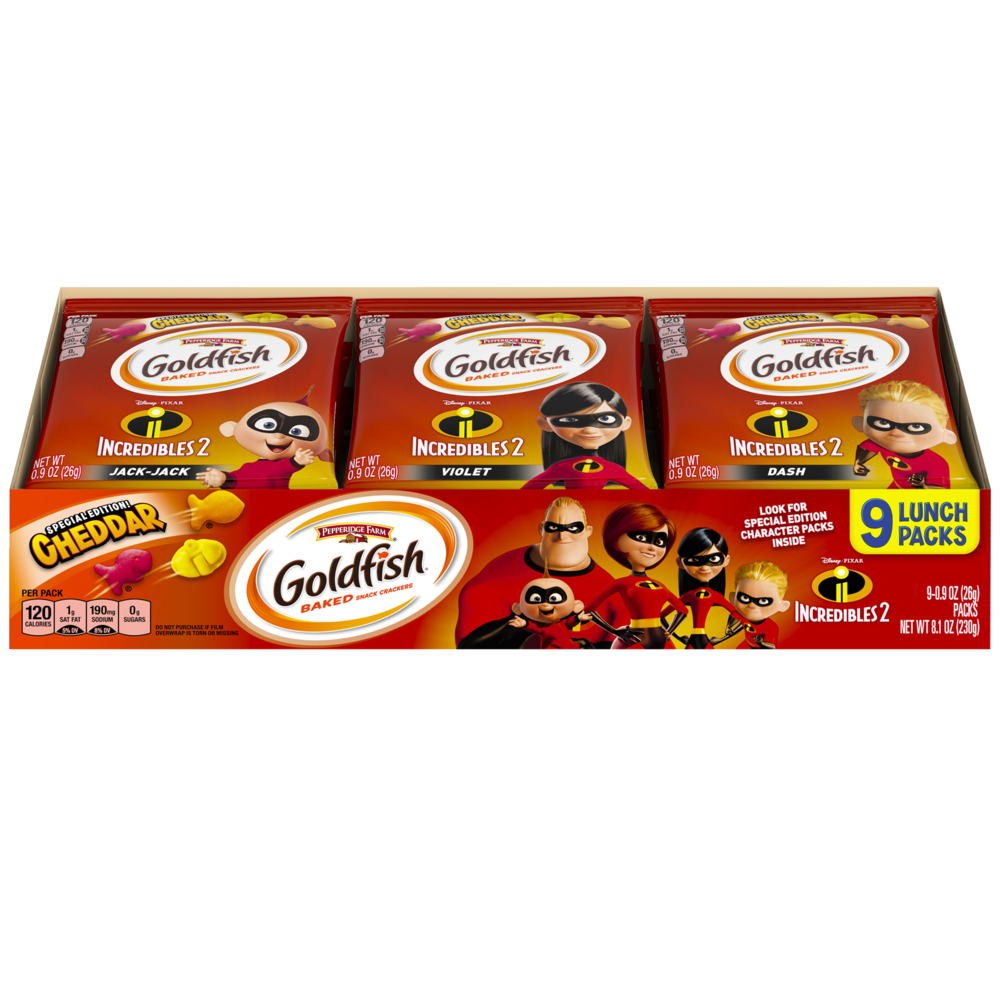 slide 1 of 7, Goldfish Cheddar Special Edition Incredibles 2 Baked Snack Crackers, 9 ct; 0.9 oz