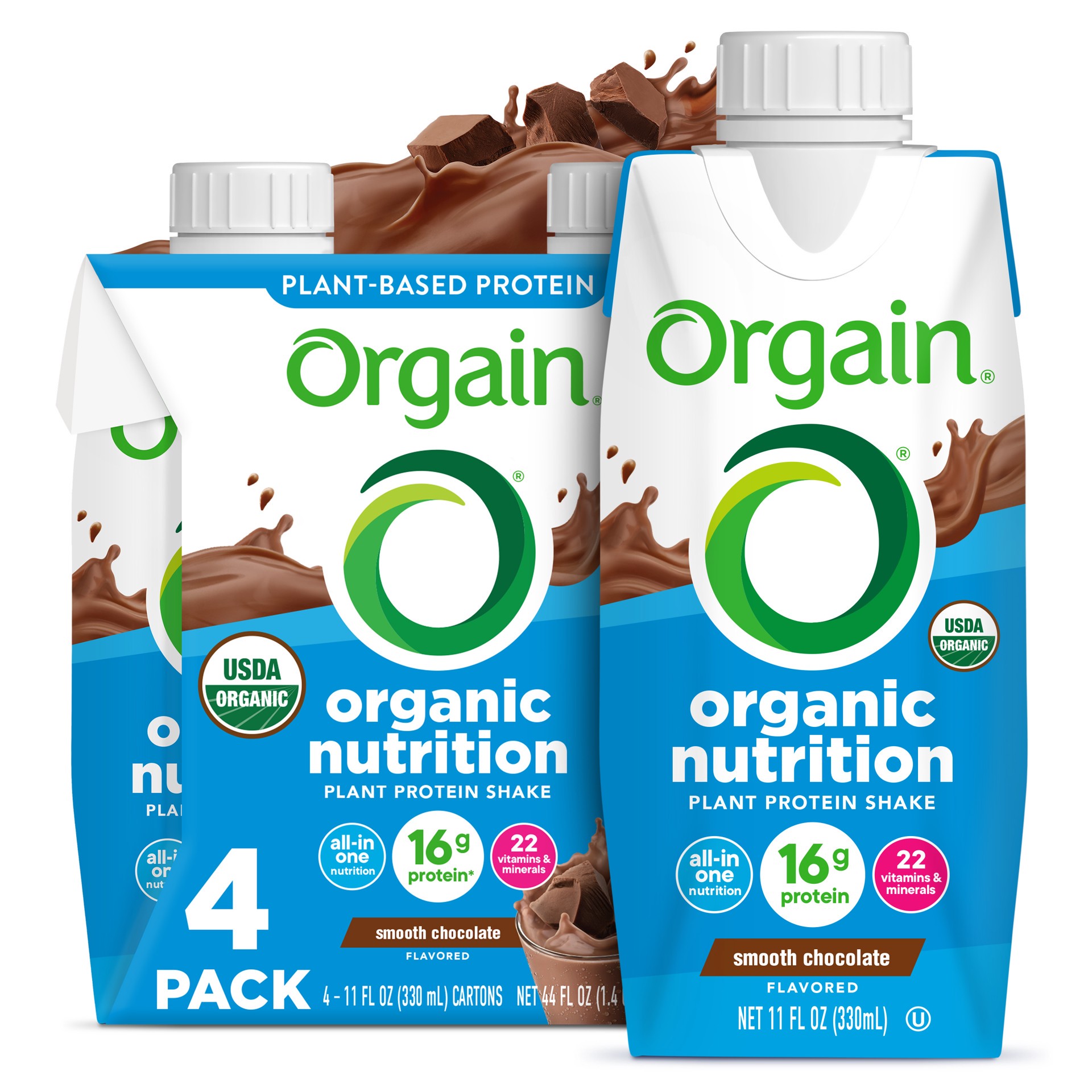 slide 1 of 10, Orgain Organic Nutrition Vegan Protein Shake, Plant Based, Smooth Chocolate 11oz, 4ct, 44 fl oz