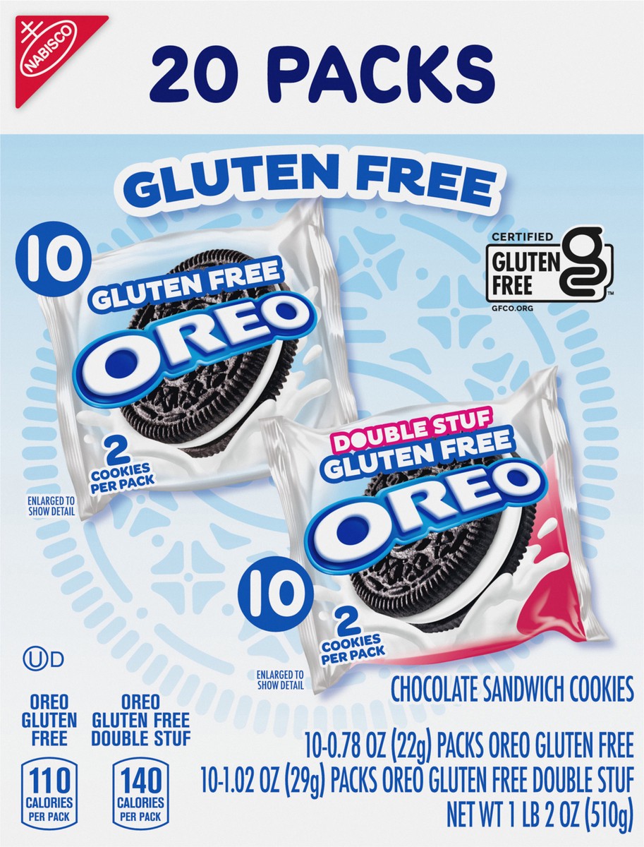 slide 7 of 13, OREO Gluten Free Original & Double Stuf Chocolate Sandwich Cookies Variety Pack, Gluten Free Cookies, 20 Snack Packs (2 Cookies per Pack), 18 oz