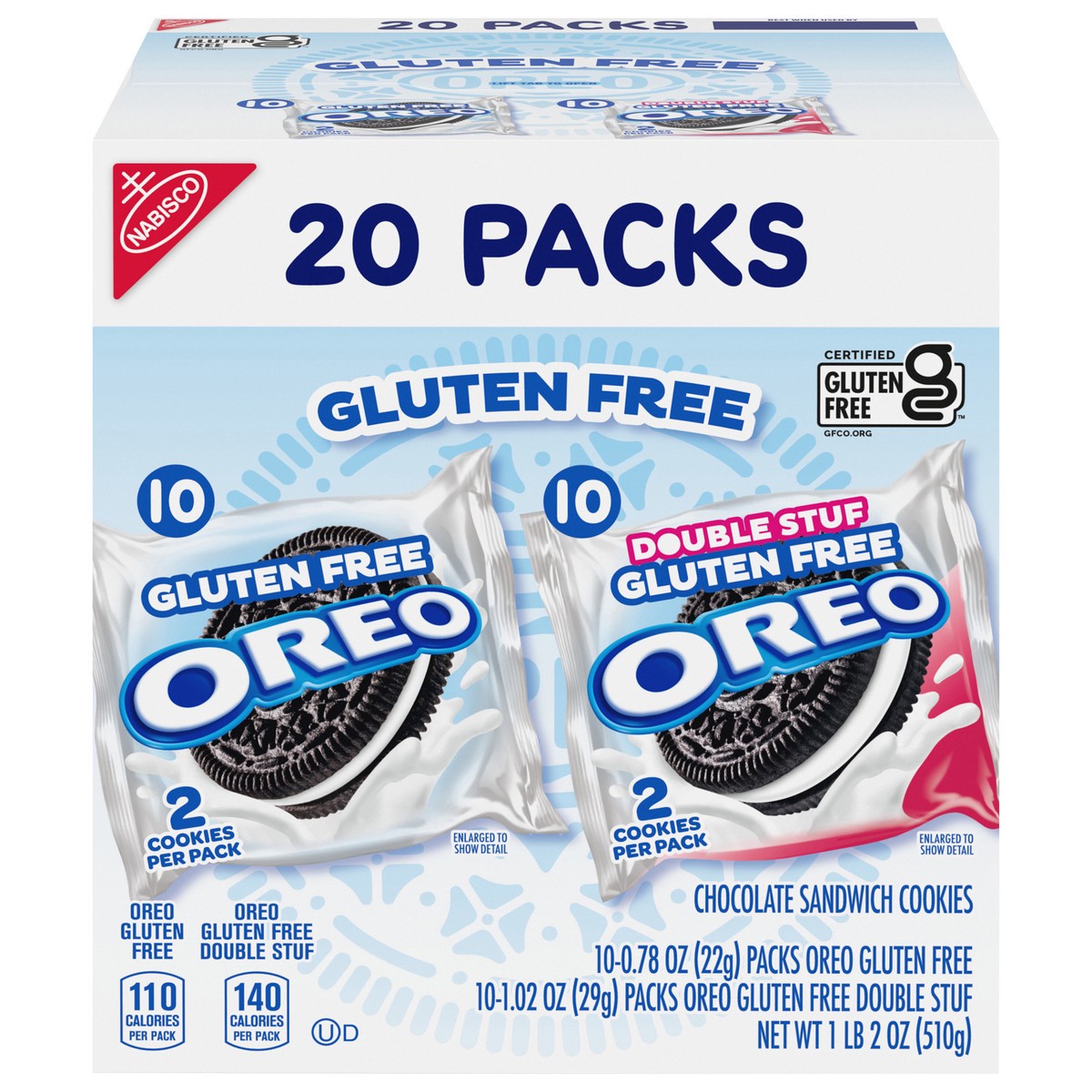 slide 13 of 13, OREO Gluten Free Original & Double Stuf Chocolate Sandwich Cookies Variety Pack, Gluten Free Cookies, 20 Snack Packs (2 Cookies per Pack), 18 oz