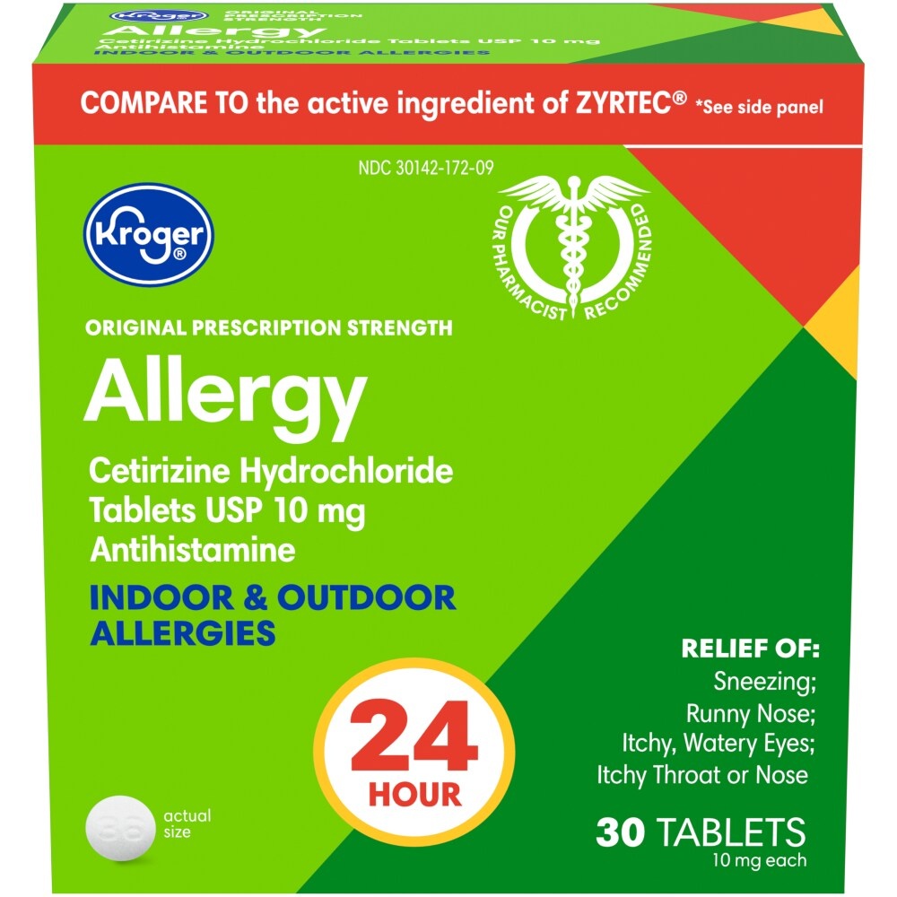 slide 1 of 1, Kroger 24 Hour Indoor & Outdoor Allergy Relief Tablets 10Mg, 30 ct