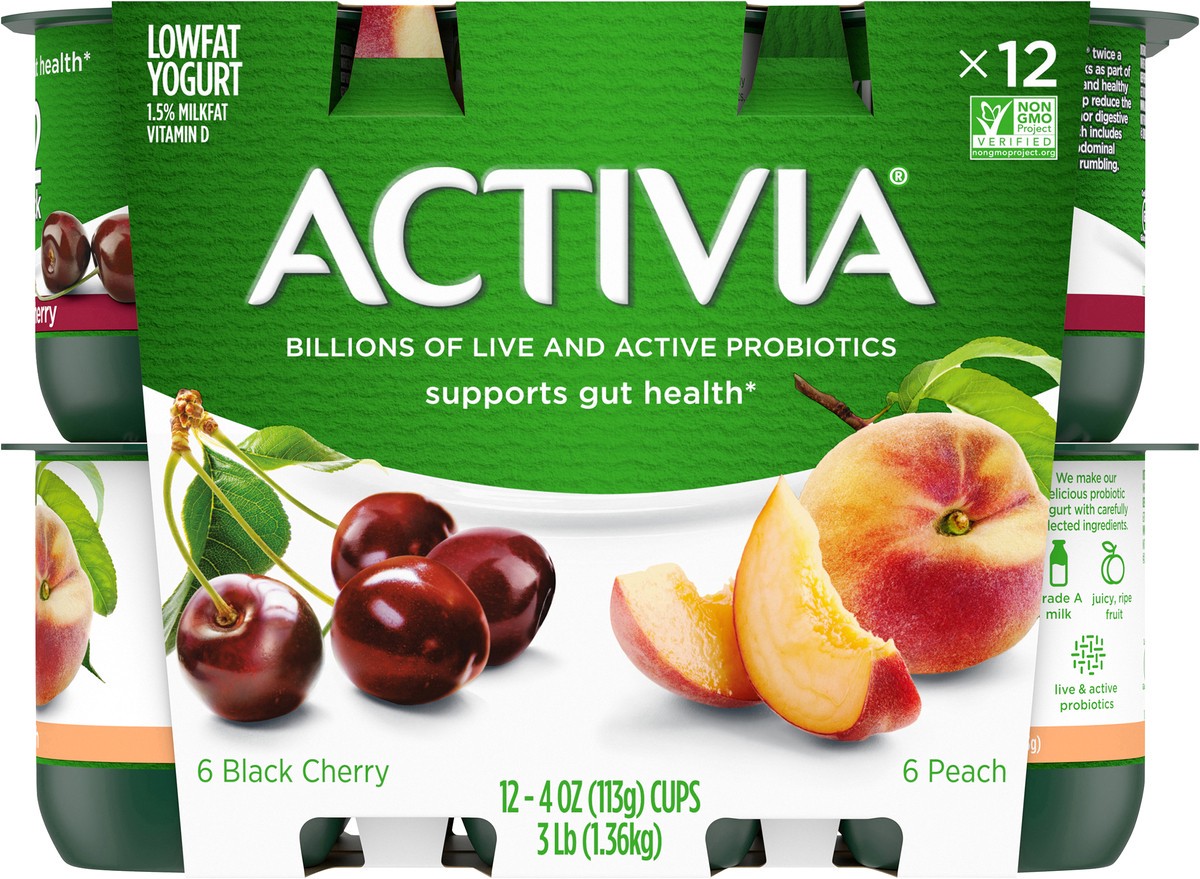 slide 2 of 11, Activia Peach and Black Cherry Probiotic Yogurt, Delicious Lowfat Yogurt Cups to Help Support Gut Health, 12 Ct, 4 OZ, 4 oz