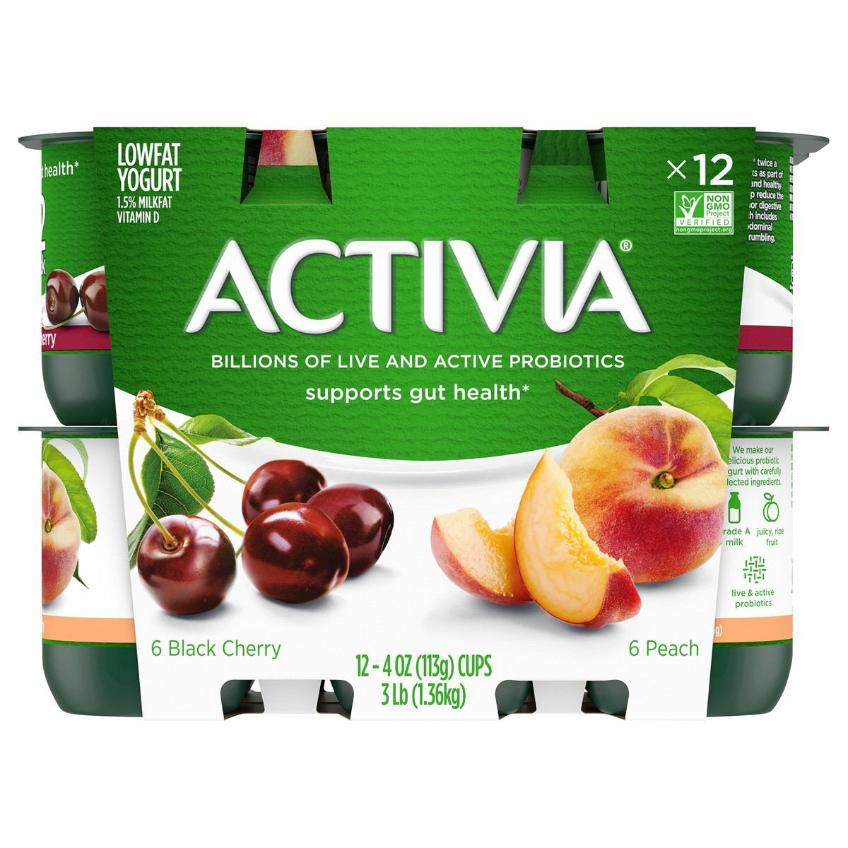 slide 1 of 11, Activia Peach and Black Cherry Probiotic Yogurt, Delicious Lowfat Yogurt Cups to Help Support Gut Health, 12 Ct, 4 OZ, 4 oz