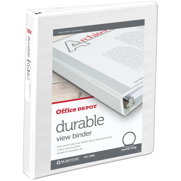 slide 1 of 5, Office Depot Durable View Round-Ring Binder, 1'' Rings, White, 1 in