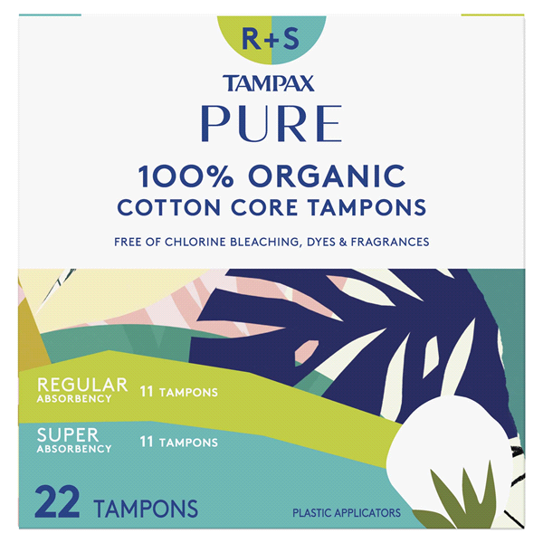 slide 1 of 1, Tampax Pure Tampons, Regular/Super Absorbency, Duo Pack, Unscented, 22 ct