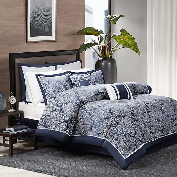 slide 1 of 10, Madison Park Medina Queen Comforter Set - Navy, 8 ct