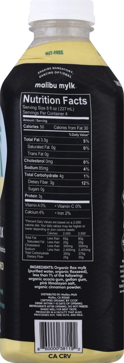 slide 10 of 11, Malibu Mylk Organic Unsweetened Flax Mylk 32 oz, 32 fl oz