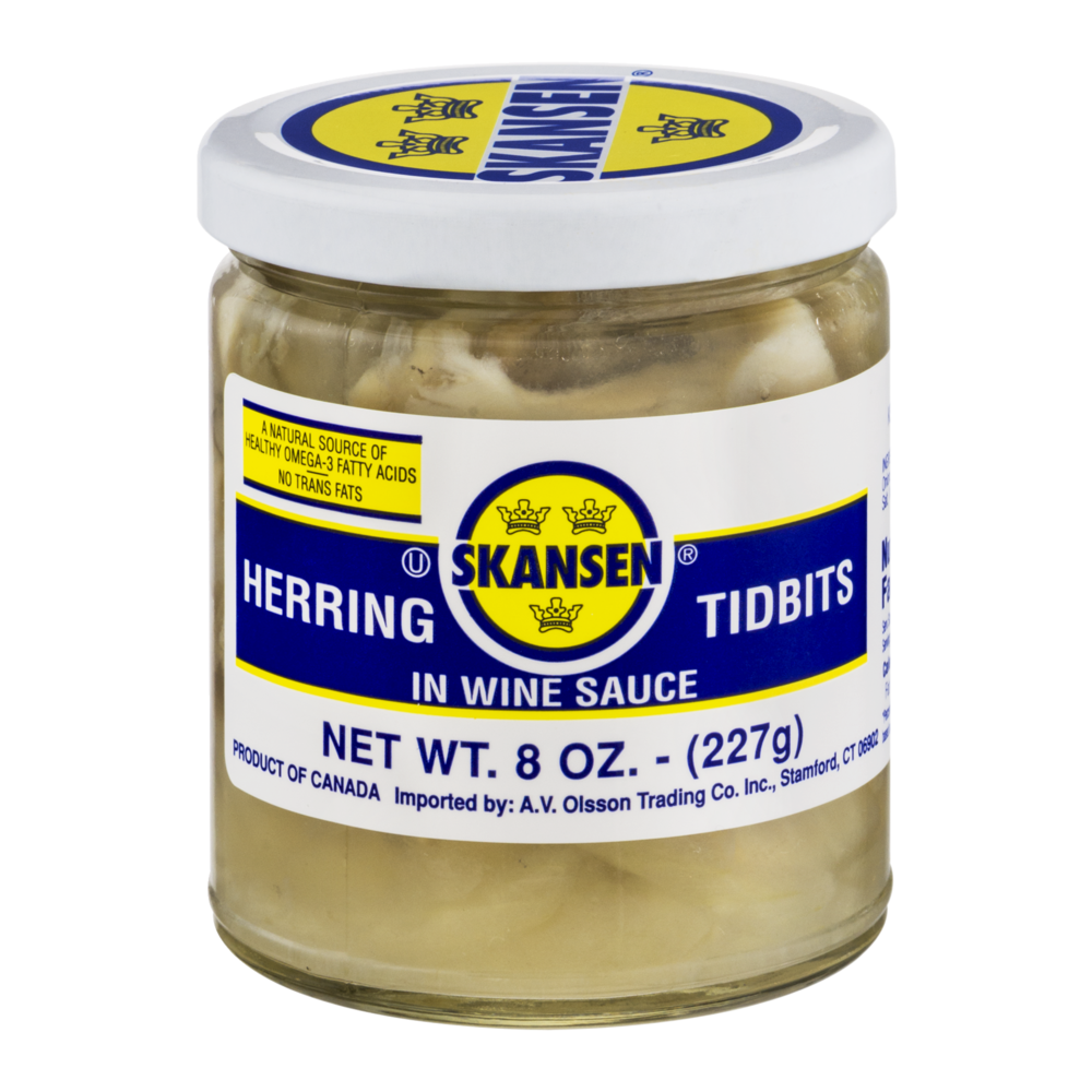 slide 1 of 1, Skansen Herring Tidbits In Wine Sauce, 8 oz