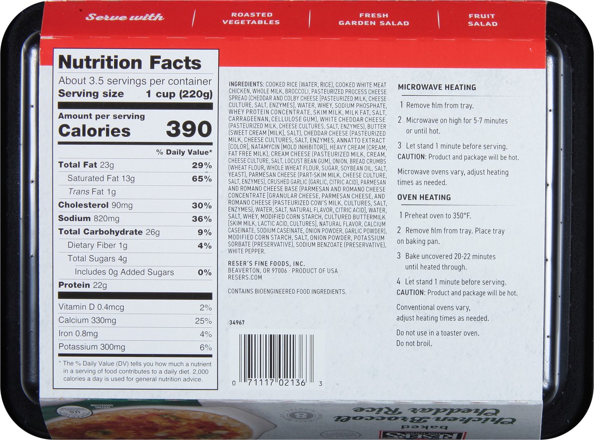 slide 7 of 11, Reser's Chicken Broccoli Cheddar Rice, with White Meat Chicken, Baked, 28 oz
