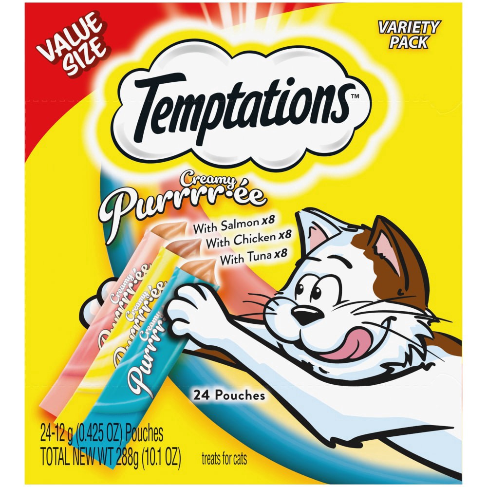 slide 1 of 1, Temptations Creamy Puree Chicken Salmon & Tuna Lickable Squeezable Adult Wet Cat Treat Variety Pack, 24 ct