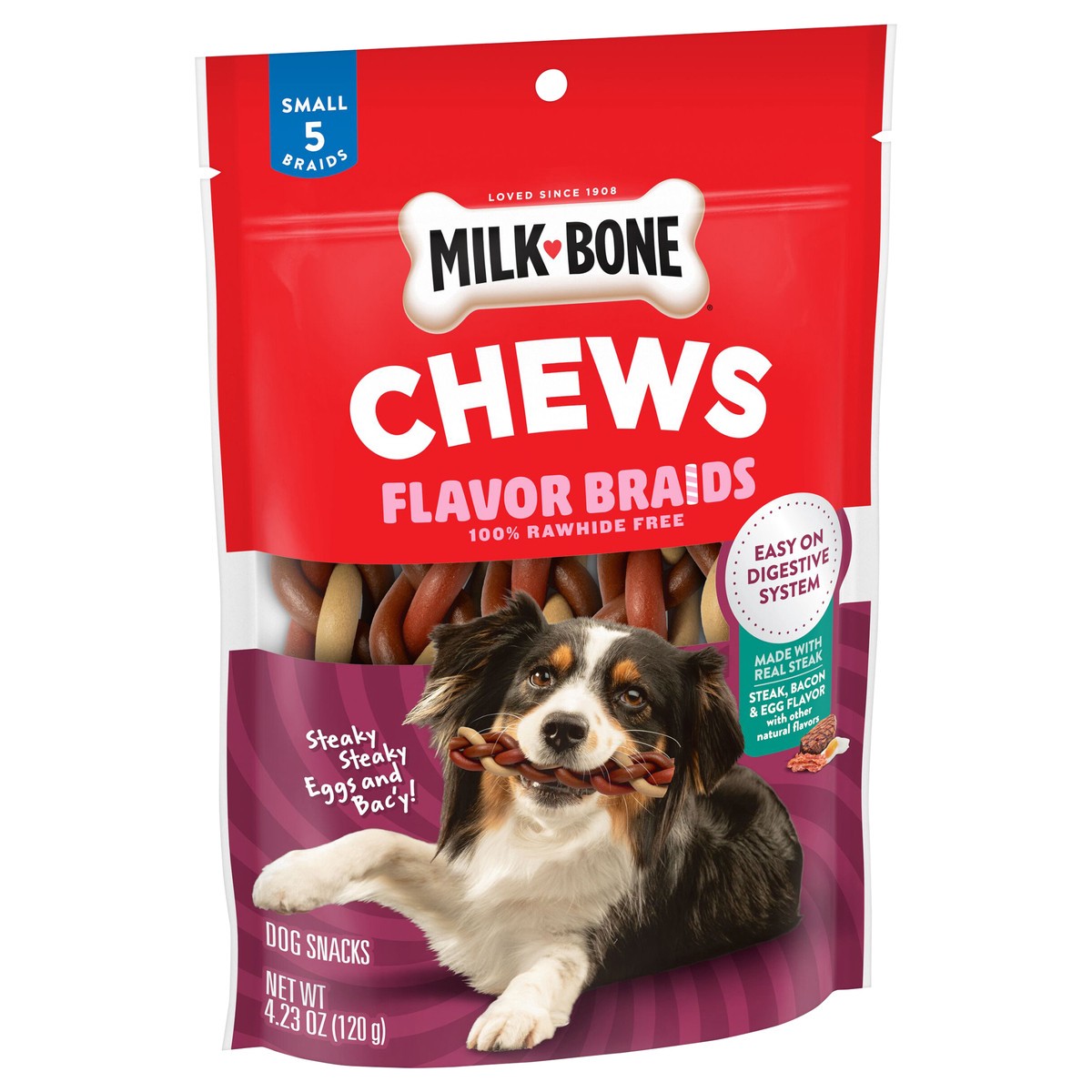slide 4 of 7, Milk-Bone Steaky Steaky Eggs & Bac′y Flavor Braids, Rawhide Free Dog Chews, Small Long-Lasting Dog Treats, Bag of 5, 4.23 oz