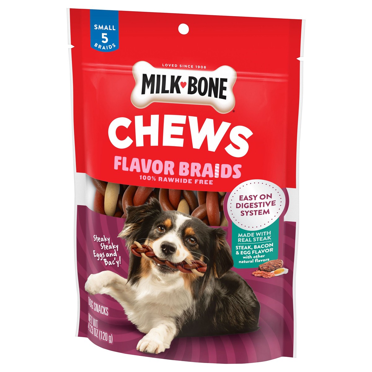 slide 3 of 7, Milk-Bone Steaky Steaky Eggs & Bac′y Flavor Braids, Rawhide Free Dog Chews, Small Long-Lasting Dog Treats, Bag of 5, 4.23 oz