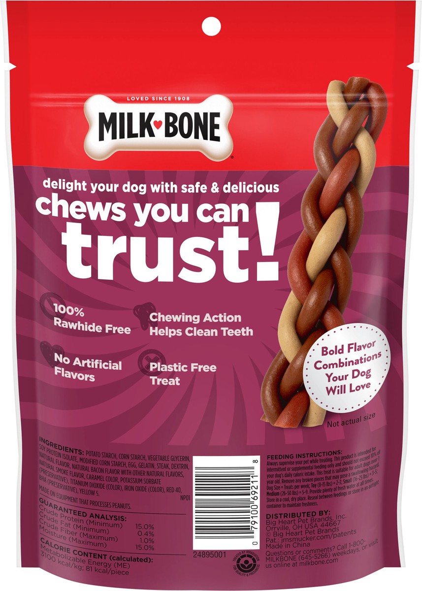 slide 5 of 7, Milk-Bone Steaky Steaky Eggs & Bac′y Flavor Braids, Rawhide Free Dog Chews, Small Long-Lasting Dog Treats, Bag of 5, 4.23 oz