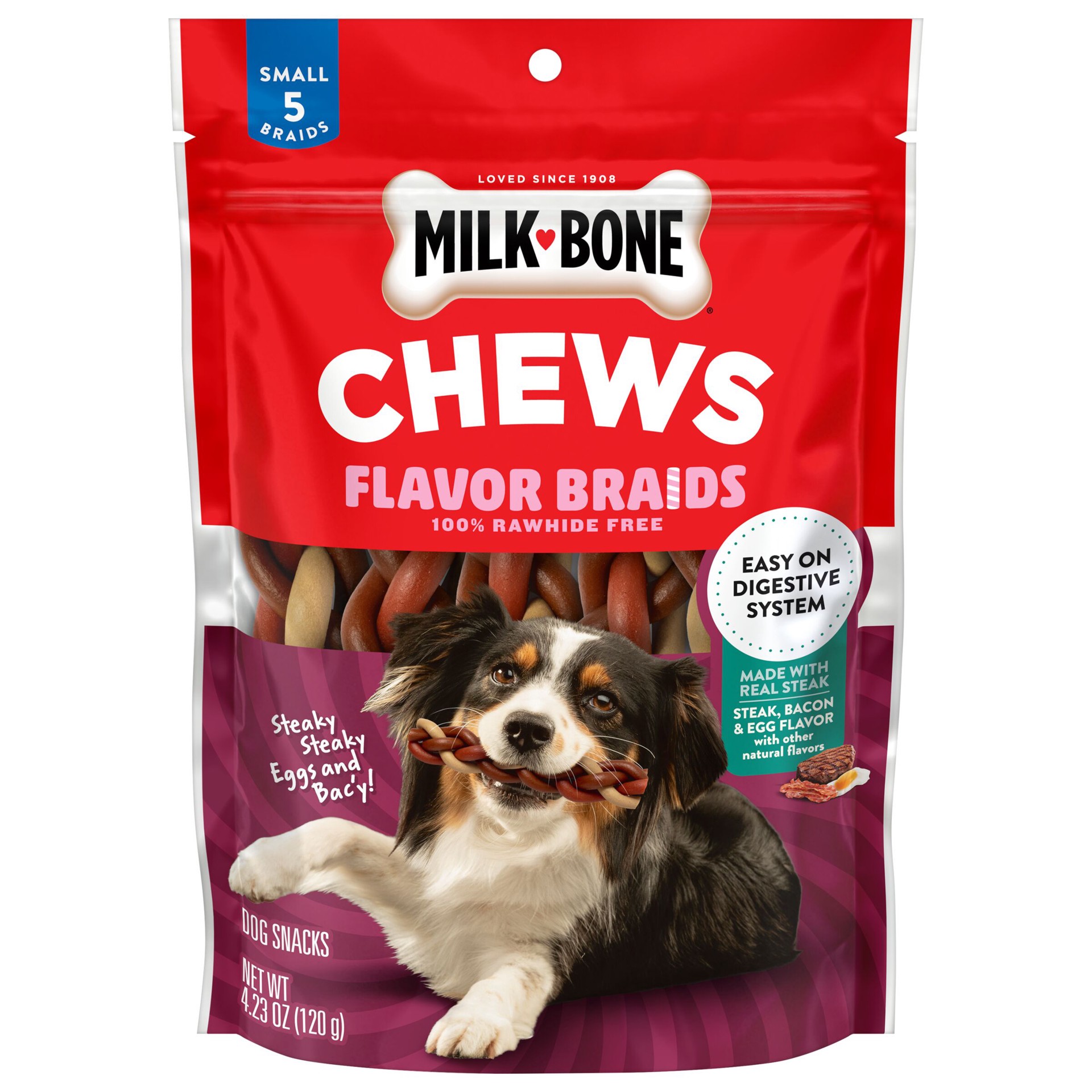 slide 1 of 7, Milk-Bone Steaky Steaky Eggs & Bac′y Flavor Braids, Rawhide Free Dog Chews, Small Long-Lasting Dog Treats, Bag of 5, 4.23 oz